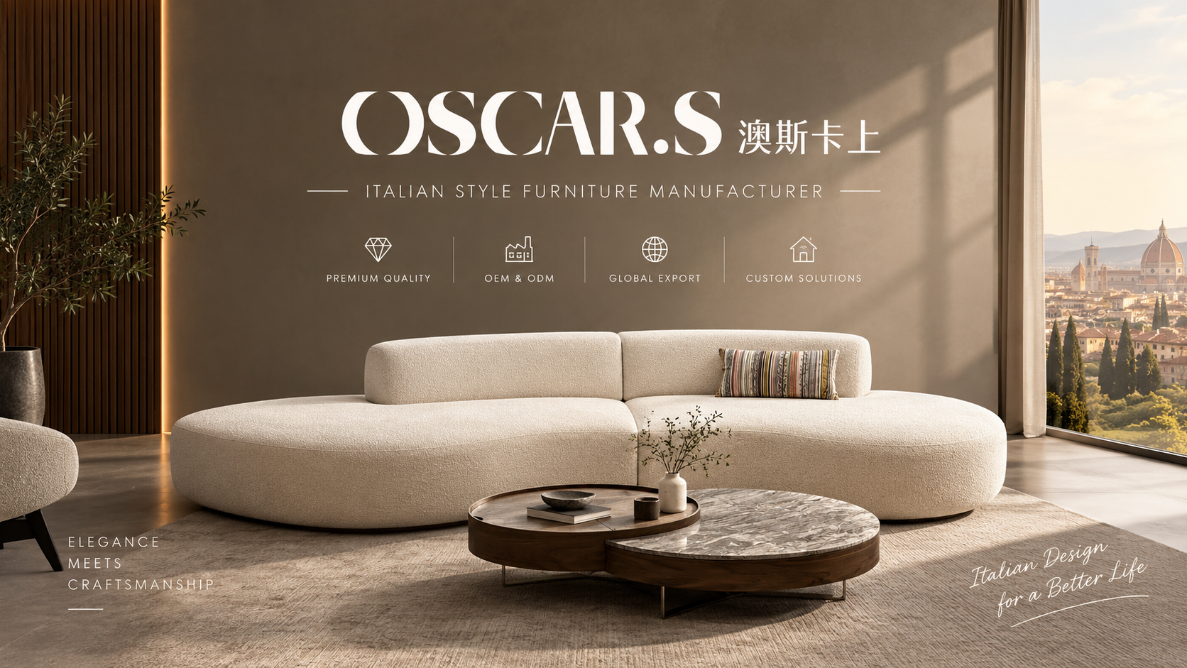 OSCAR.S furniture setting with a light-coloured sofa and wood-and-stone coffee tables